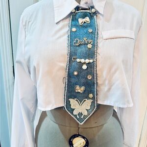 Custom Embellished Denim Tie Accessory with Rhinestones & Pearls